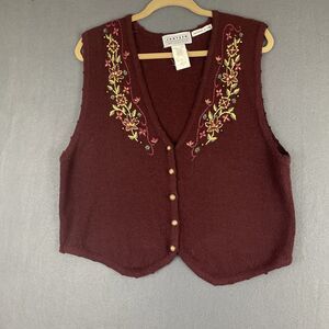 Vintage Jantzen Sweater Vest Embroidered Womens L Red Cardigan Button Floral